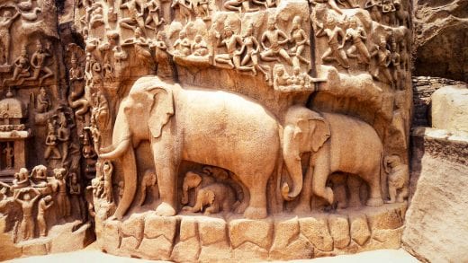 Carving of elephants on India temple