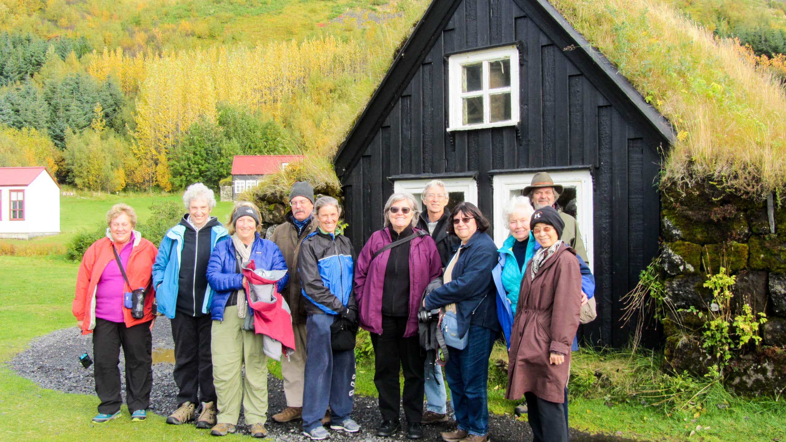 Group of travelers stands near Iceland cottage