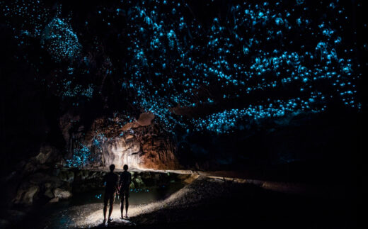 people inside cave with blue glowing spots on walls