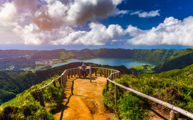 Beautiful view of Santiago Lake "Lagoa de Santiago " from Hell Mouth viewpoint "Miradouro Boca do Inferno" in SÃ£o Miguel Island, Azores, Portugal. Lakes of Santiago and Sete Cidades, Azores, Portugal