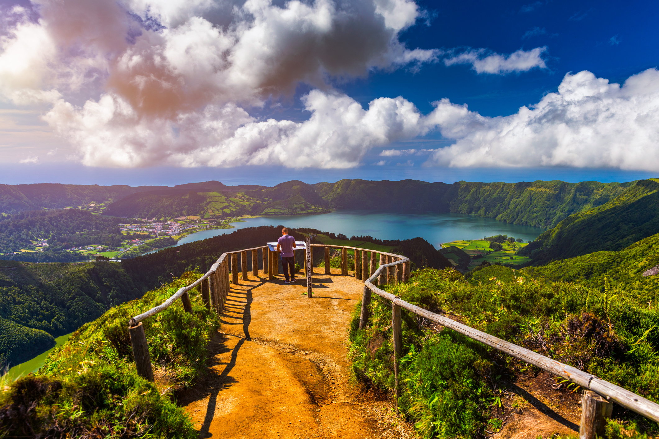 Beautiful view of Santiago Lake "Lagoa de Santiago " from Hell Mouth viewpoint "Miradouro Boca do Inferno" in SÃ£o Miguel Island, Azores, Portugal. Lakes of Santiago and Sete Cidades, Azores, Portugal