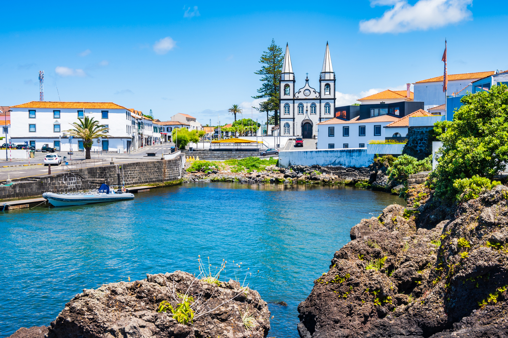 View of Madalena port on coast of Pico island, Azores, Portugal, Pico island, Azores, Portugal