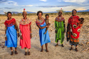 Group of African women from Samburu tribe, central Kenya, Africa. Samburu tribe is one of the biggest tribes of north-central Kenya, and they are related to the Maasai.